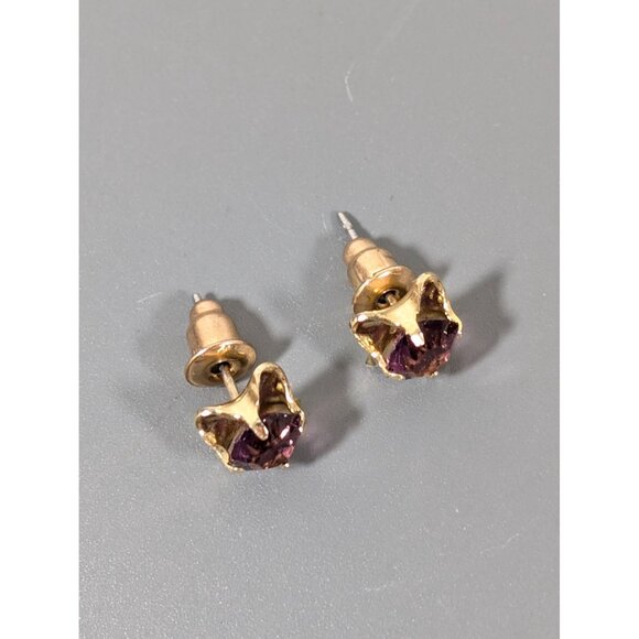 Vintage Purple Rhinestone Faux Amethyst Gold Tone Earrings Birhtstone - Picture 2 of 7